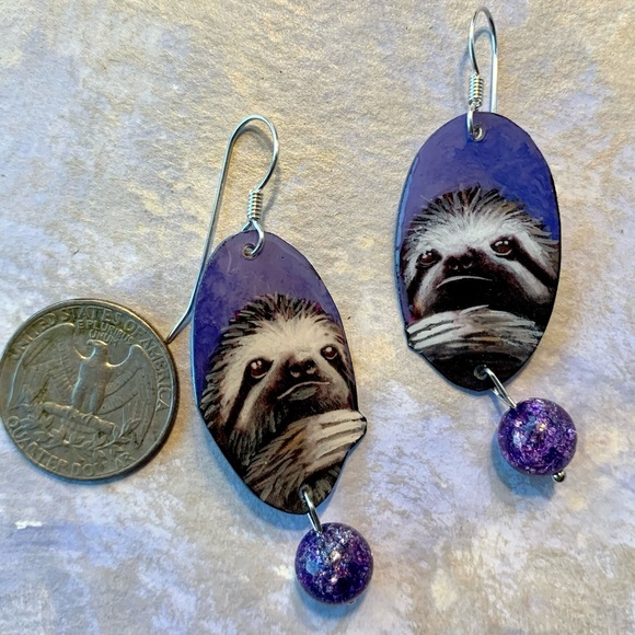 Hand Painted sloth earrings sterling wires, purple bead OOAK wildlife earrings - Picture 4 of 5